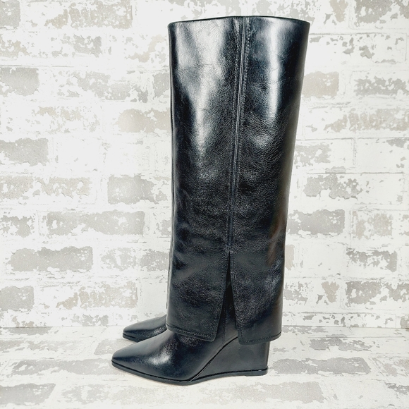 New Vince Camuto Tibani Black Leather Foldover Shaft Knee High Boot B409